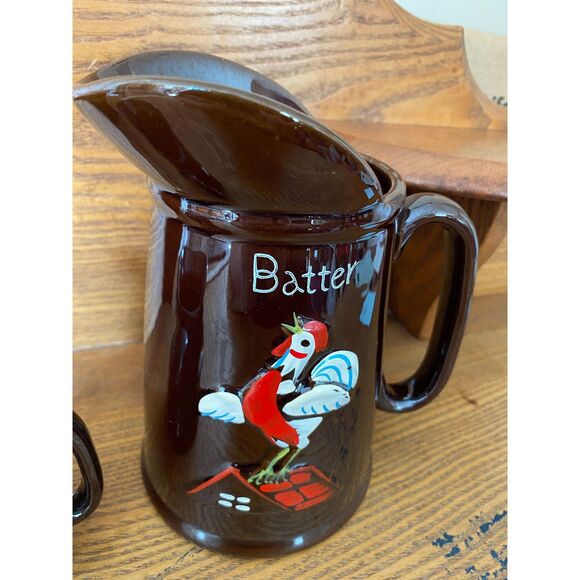 Vintage Redware Red Rooster Pancake Set Batter and Butter Pitchers 1950s - Picture 3 of 10